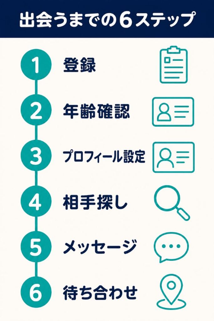 セックスアプリで登録から待ち合わせまで進む6ステップの流れ図