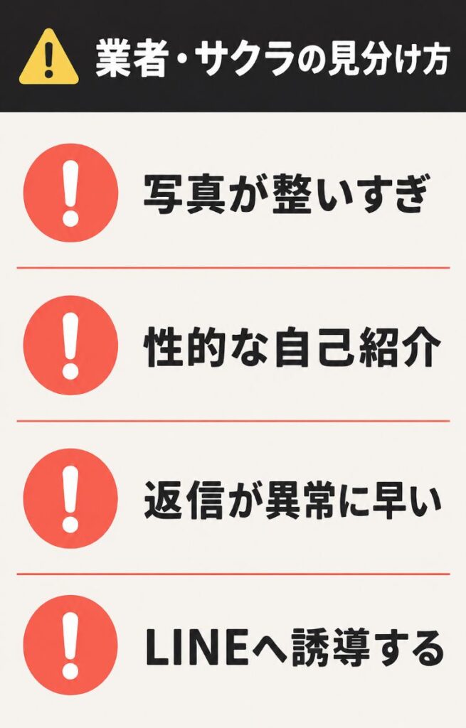 業者・サクラのアカウントを見分ける4つの危険信号をまとめたチェックリスト